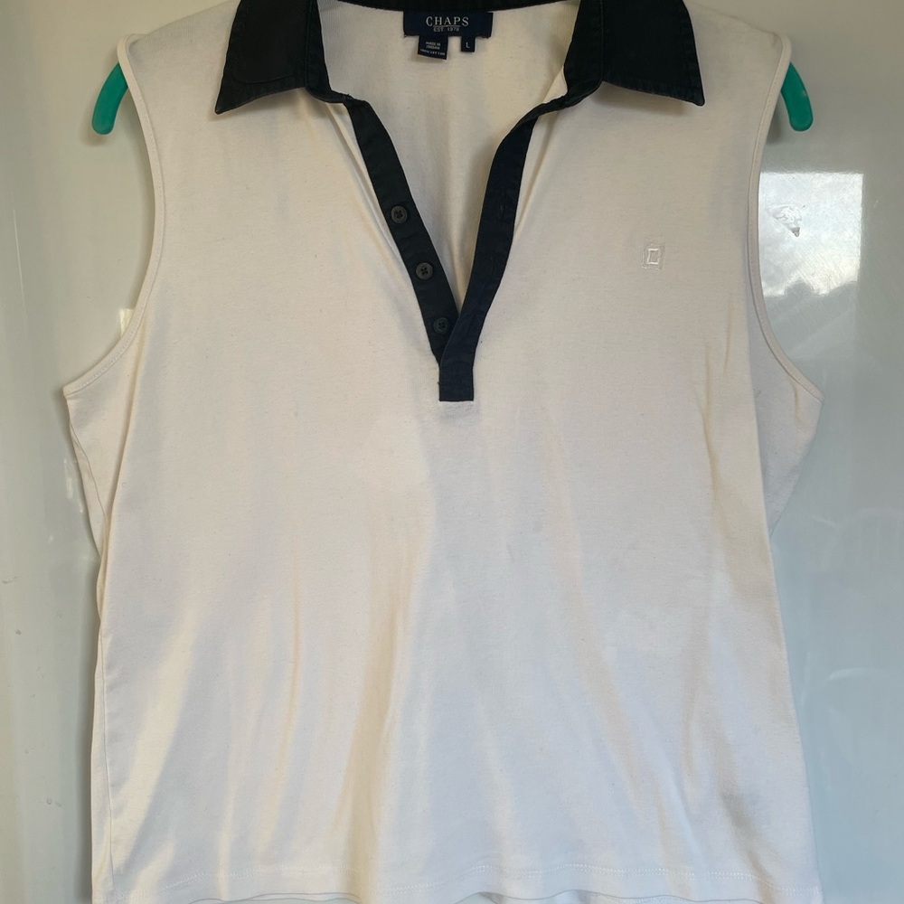 Chaps Women’s Sleeveless Top All cotton Logo Navy white SZ L